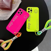 jome ins smiley fluorescence lanyard hand strap lanyard silicone case for iphone 13 11 12 pro max xs xr x 8 7 plus soft cover