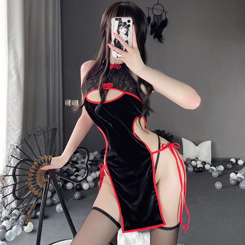 

Эротическое Нижнее белье ретро бархатный элегантный Чонсам страсть сексуальный Боковой разрез Униформа Соблазнительная Сексуальная юбка ...