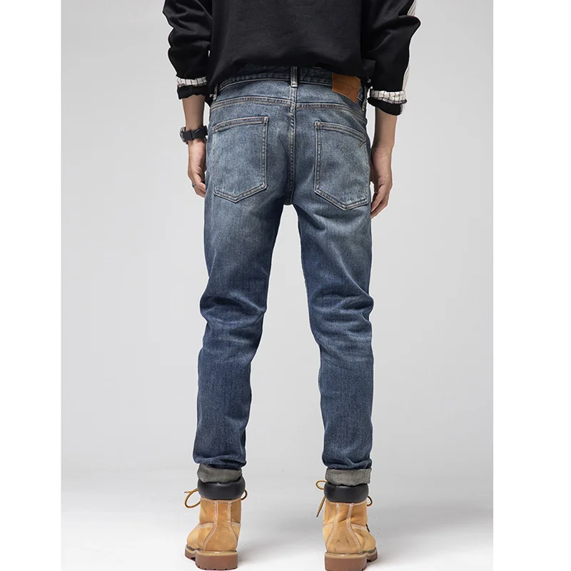 Men's Wear European and American High Street Retro Slim Stretch Blue Jeans Small Straight Casual Pants Autumn and Winter Female