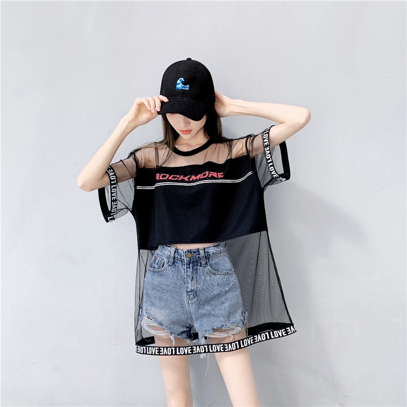 

Sexy See Through Mesh Spliced Tops Women Clothing Ladies Fashion Casual Harajuku Letter Hip Hop Oversized T Shirt Girls Y2k Top