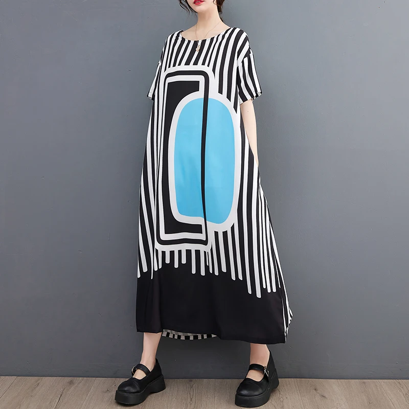

Striped Cotton Long Dress For Women Oversized Korea Summer Loose Dress Fashion Ladies Pullover A-Line Casual Print Long Dresses