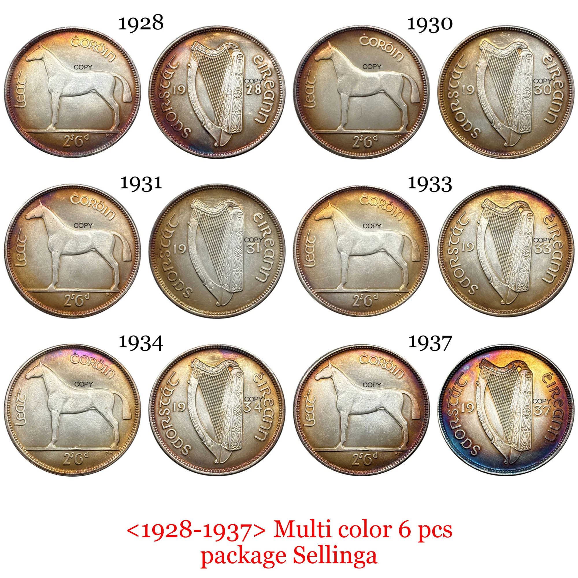 Посеребренная копия монет Ирландии 1928-1937 года 6 шт.