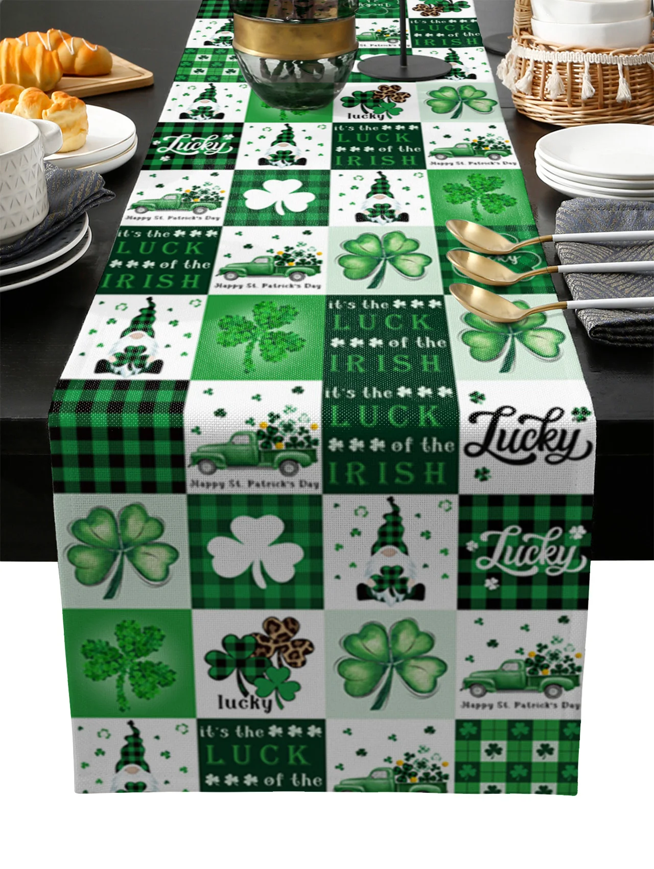 

Saint Patrick Green Clover Gnome Table Runner Wedding Festival Table Decoration Home Decor Kitchen Table Runners Placemats