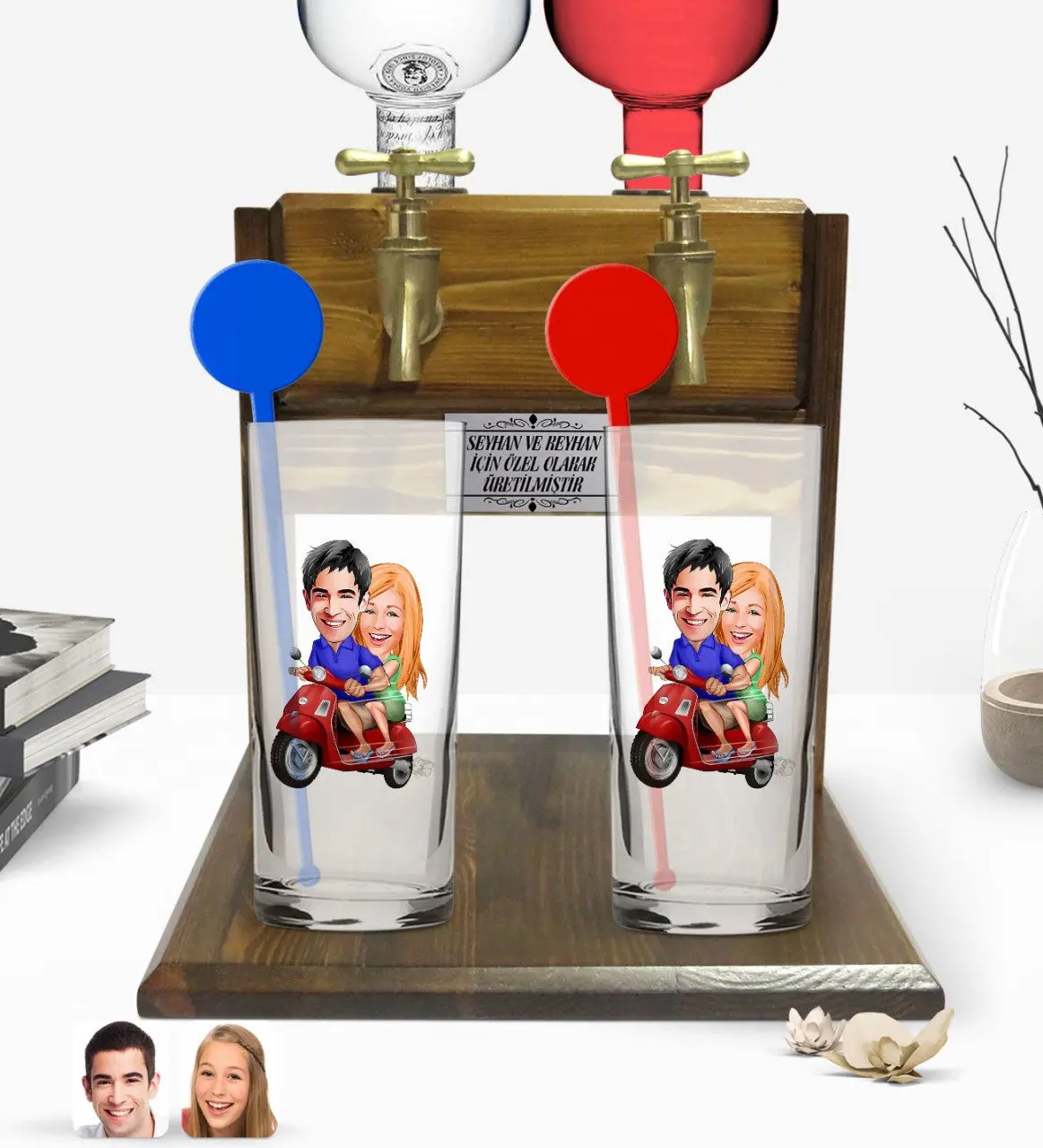

Personalized Colorful Printed Valentine Caricature Of Dual Vodka cup And Double Tap Natural Wood Vodka Standı-10
