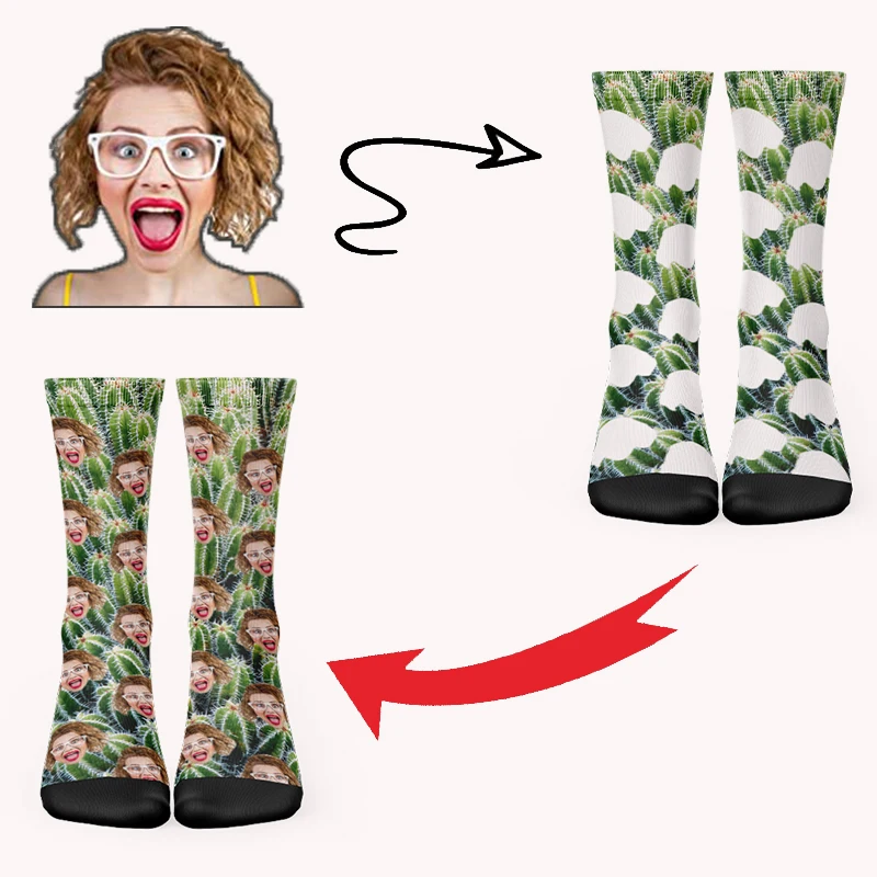 Creative Customized Cotton Socks Cactus Pattern And Your Face Custom Interesting Fashion Neutral Socks Multi Size Surprise Gift