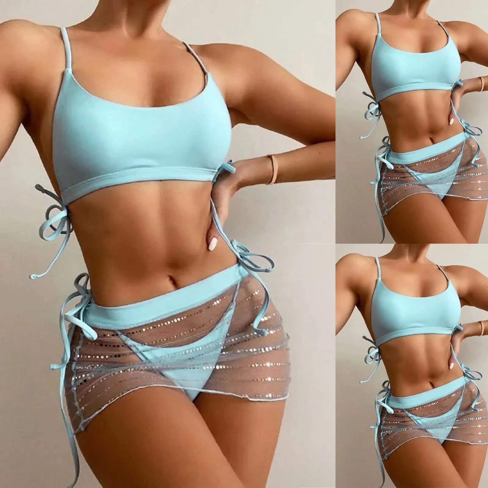 

3 PCS Striped Print Bikini 2022 Sexy Swimwear Women Swimsuit Female Three Pieces Bikini Set With Beach Skirt Bathing Suit 25#