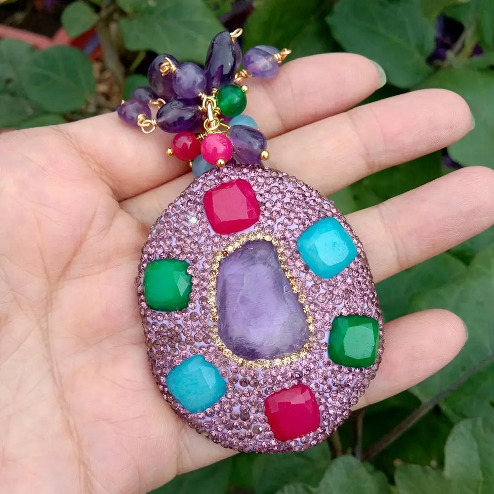 YYGEM 3 нити натуральный 8x10 мм фиолетовый аметист четки цепочка ожерелье 56x47 большой