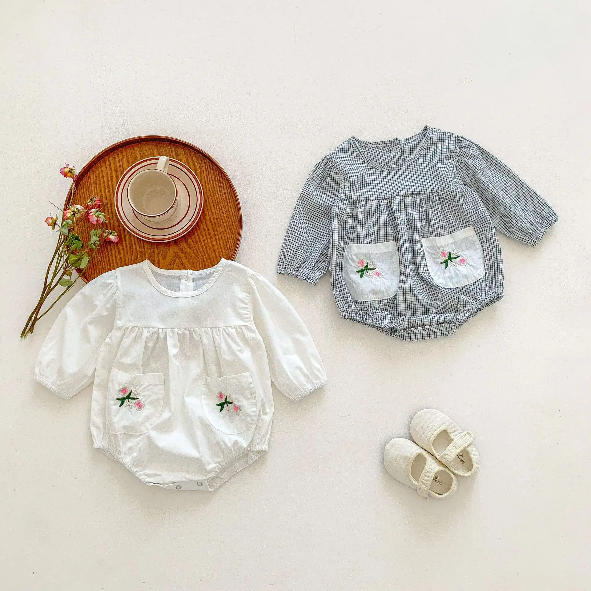 

Infant Girl Simple Solid Pocket Bodysuit Toddler Fashion Plaid Soft Long Sleeves Cotton Jumpsuit Girls Comfortable Outfits