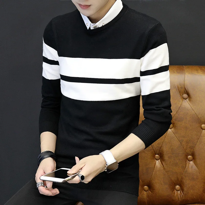 

Men Sweater Fake Two Pieces Turn-down Collar Pullovers Casual Men Sweaters New Fashion Long Sleeve Black Beige Navy Blue Sweater