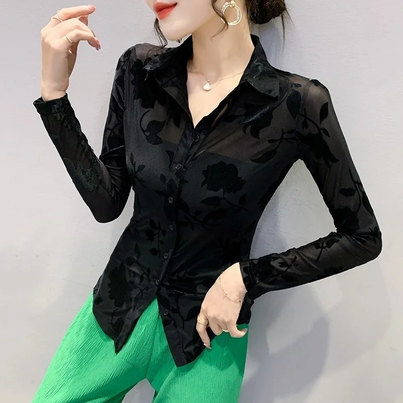 # 4204 зеленая черная сексуальная сетчатая рубашка женская тонкая повседневная