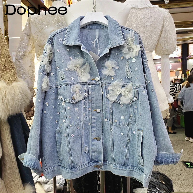 

Heavy Industry 3D Flower Sweet Long Sleeve Denim Coat Women Loose Single-Breasted Jean Jacket 2022 Spring Autumn New Clothes