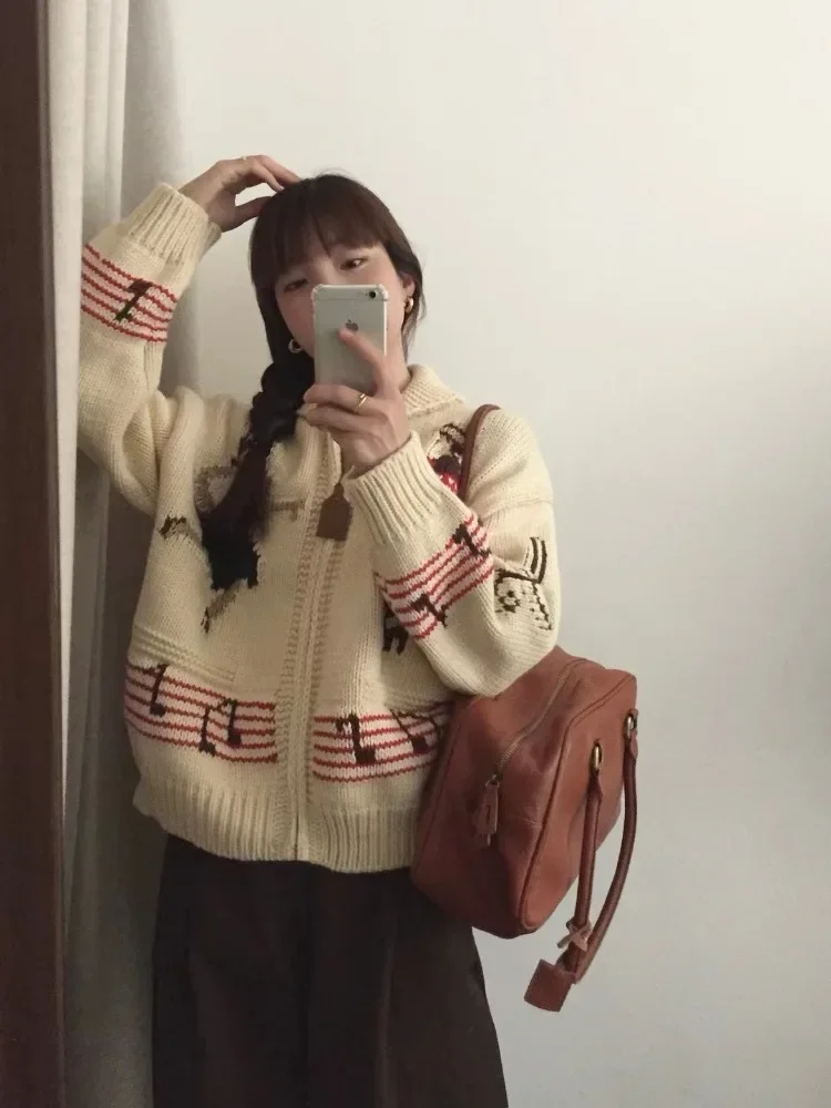 Корейский винтажный жаккардовый свитер Korobov вязаный кардиган контрастных цветов