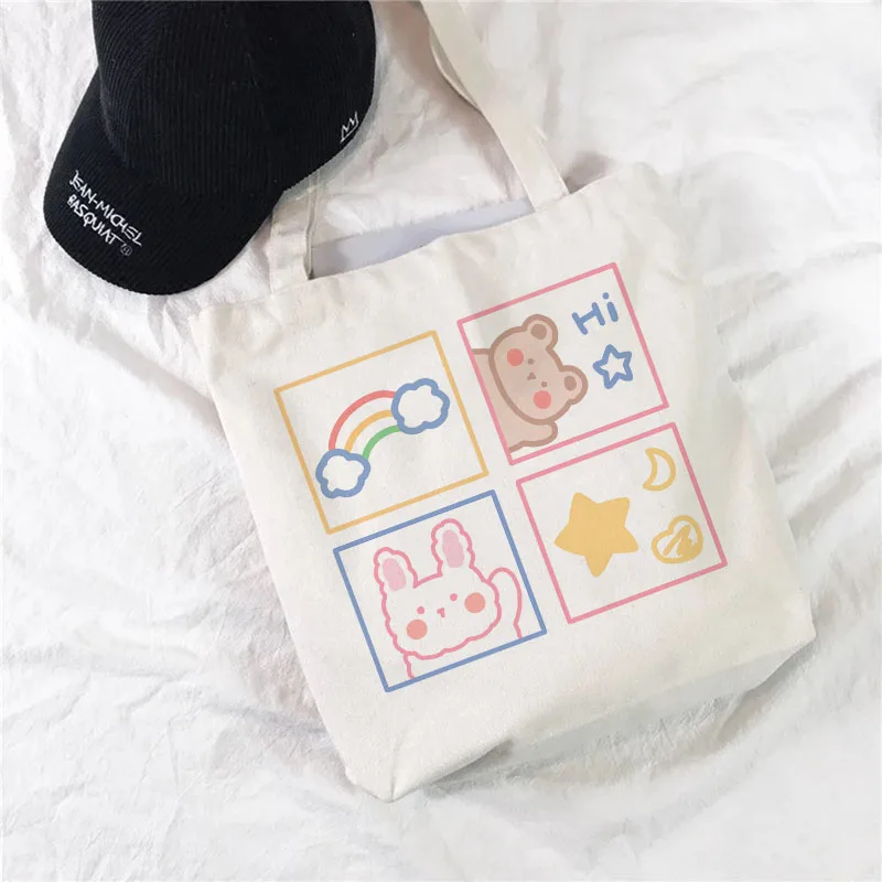 

Shopping Bags Women Sweet Kawaii Bear Printed Canvas Daily College Handbag Harajuku Korean Style All-match female Shopper Bag