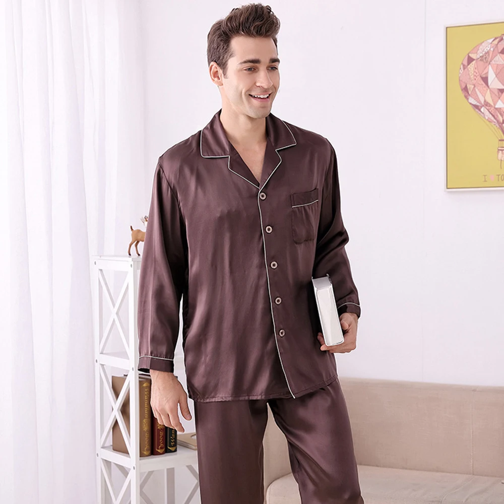 Men100% Real Silk Pajamas Set for Men Sleepwear Loungewear Long Sleeve Sleepwear Nightgown