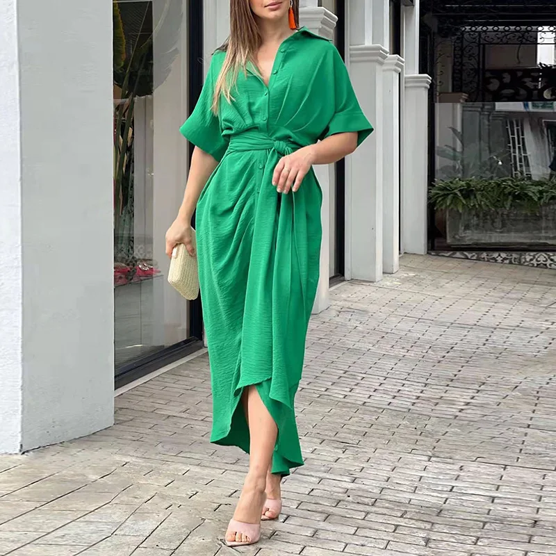 

Women's Fashion New 2023 Polo Mid Long Short Sleeve Single breasted High Waist Shirt Dress