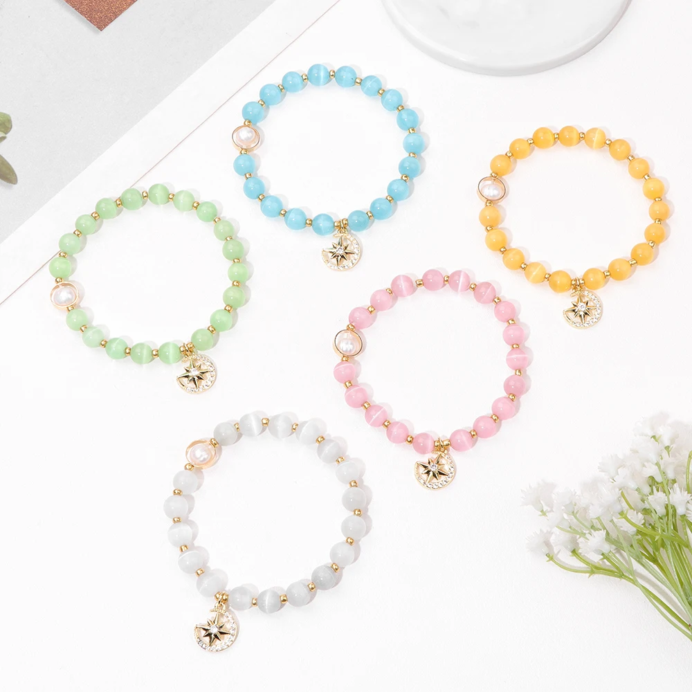 

Star Moon Charm Bracelets For Women Men Smooth Natural Cat Eye Stone Beaded Bracelet Opals Lucky Yoga Bangles Fashion Jewelry