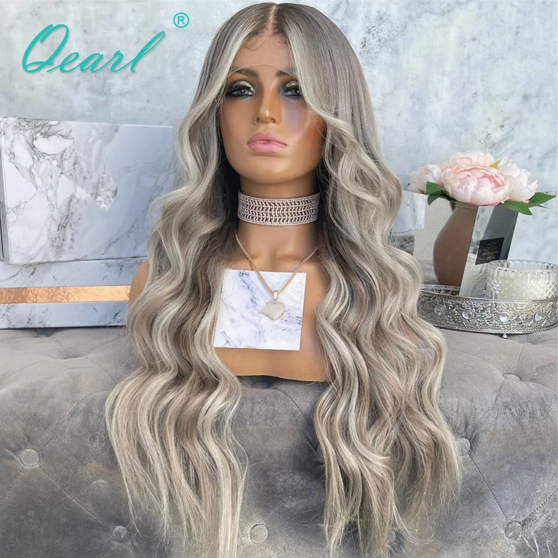 Human Hair Full Lace Wigs Grey Ash Brown Blonde Mixed Lace Front Wig for Women 13x6 HD Lace Frontal Wavy 150% Remy Hair Qearl