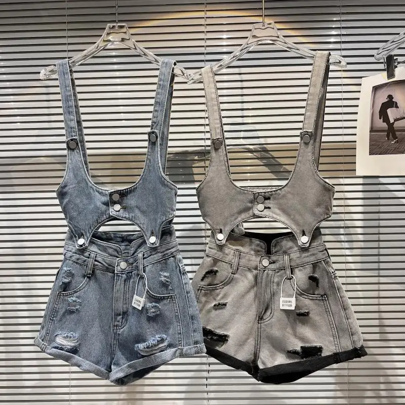 

Fashion Women's Denim Shorts Hollow Out Spliced Hole Crimping Frayed High Waist Overalls Female Summer 2022 Rompers Ropa Mujer