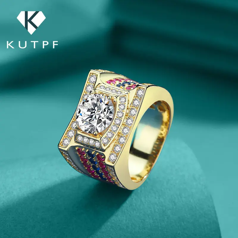 3 Carat Round Cut Moissanite Diamond Mens Rings 100% 925 Sterling Silver 18K Gold Plated Luxury Colored Ring Fine Jewelry KUTPF