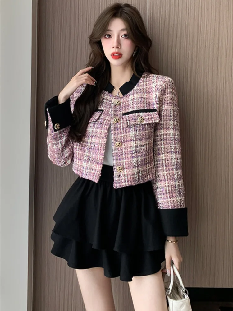 Женский твидовый жакет с длинным рукавом элегантный офисный розовый короткий