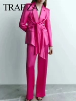 traf za solid rose red jacket suit collar single button chic waist strap blazer trousers elastic waist daily straight pants