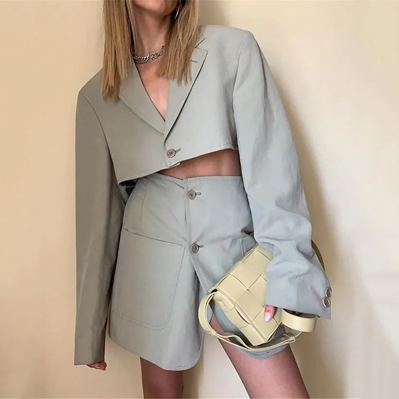 

Women Elegant Cottagecore Blazers Solid Colors Single Button Long Sleeve Short Blazers Sexy Mini Skirts 2021 New Fashion Indie