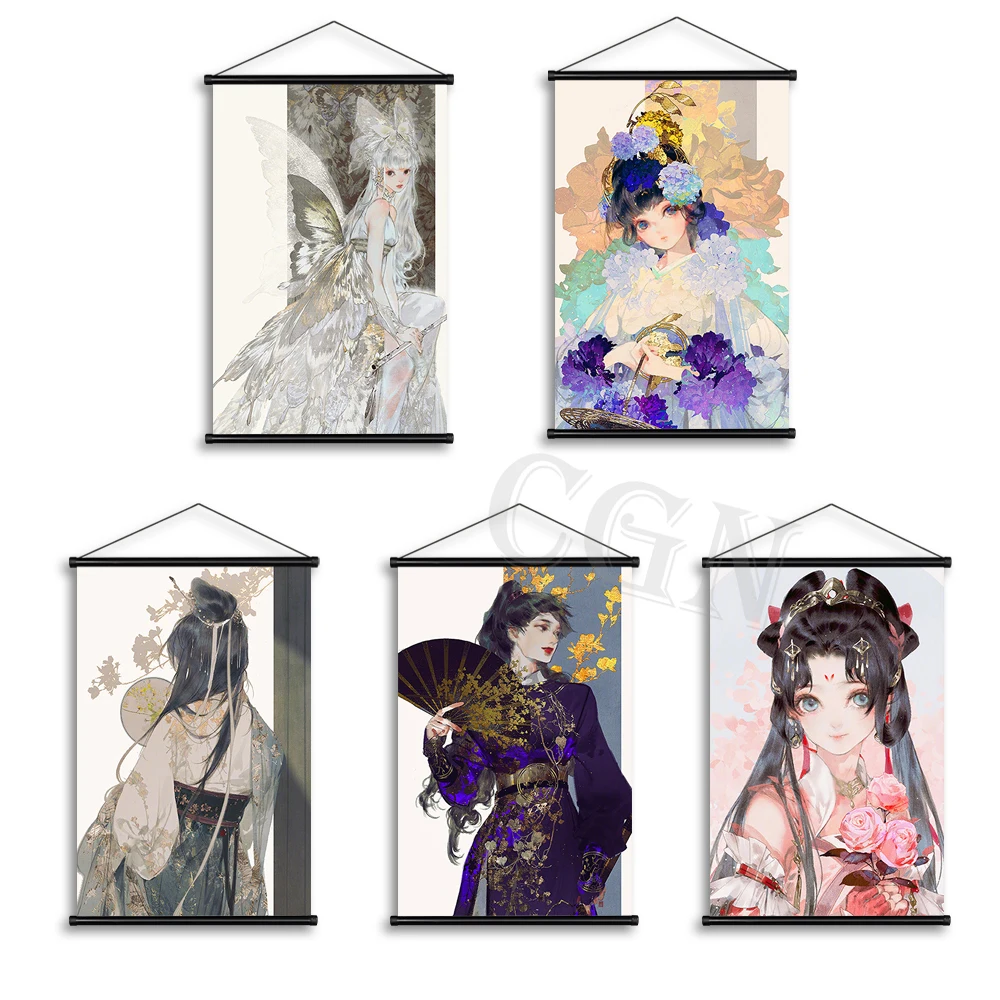 

Картины на холсте в китайском стиле аниме для девочек, постер с прокруткой, настенные художественные декоративные картины для гостиной, вин...