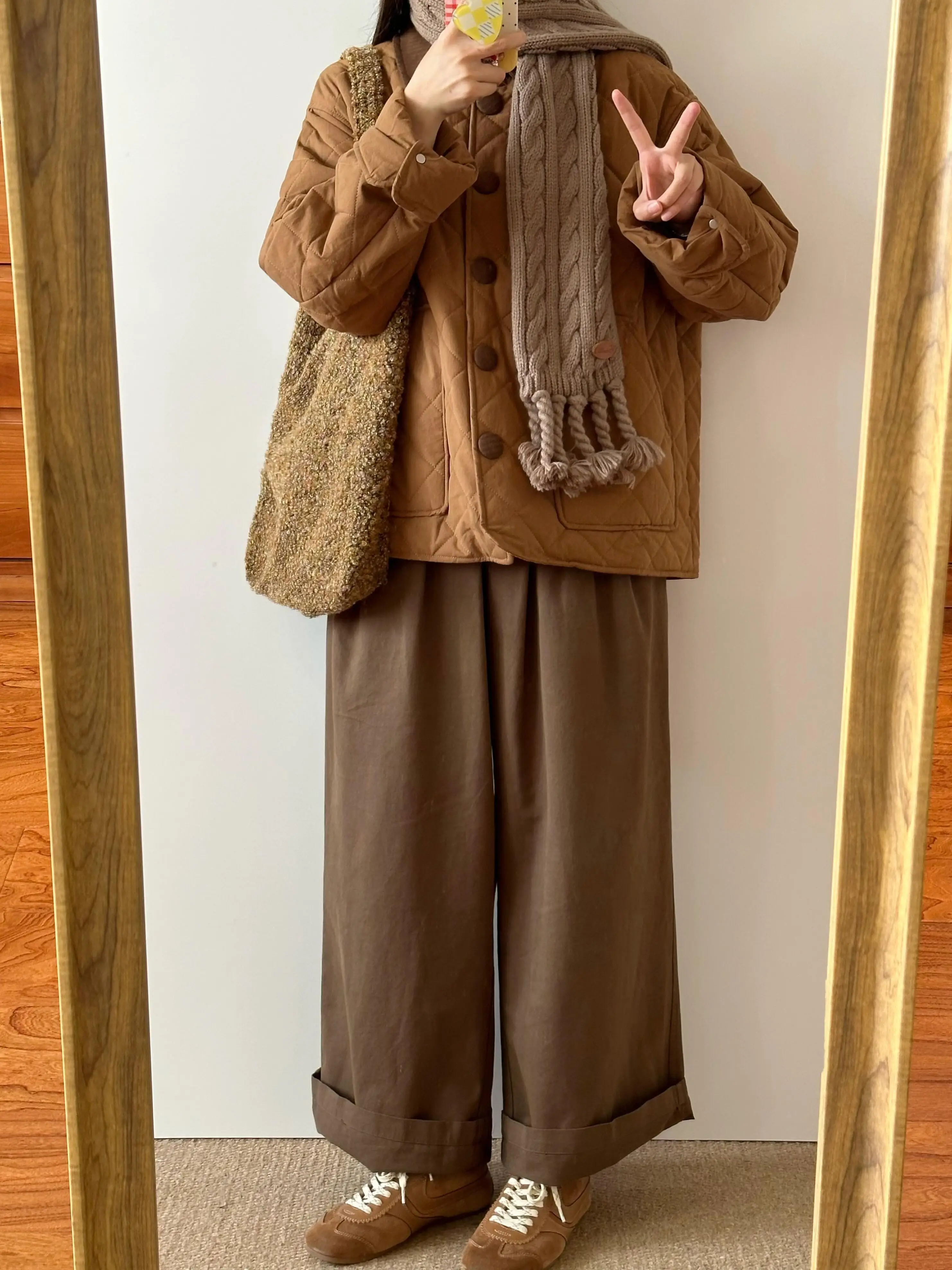 Rhombus Lapel Cotton-Padded Coat Cotton-padded jacket Women's Winter New Loose Retro Small Casual Thickened Warm Cotton-Padde...