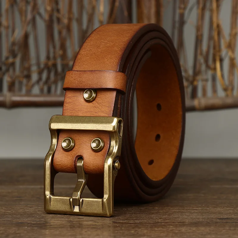 

Retro Thickened First Layer Cowhide Belt Men Genuine Leather Trend Square Groove Copper Buckle Luxury Brand Belt Explosion Style