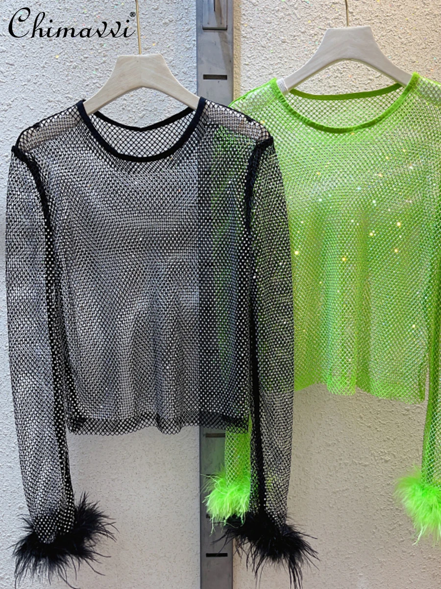 

Autumn 2022 New Fashion Diamond Studded Hollow out Top Ladies Long Sleeve Feather Slim Fit Patchwork Pullover T-shirt Female