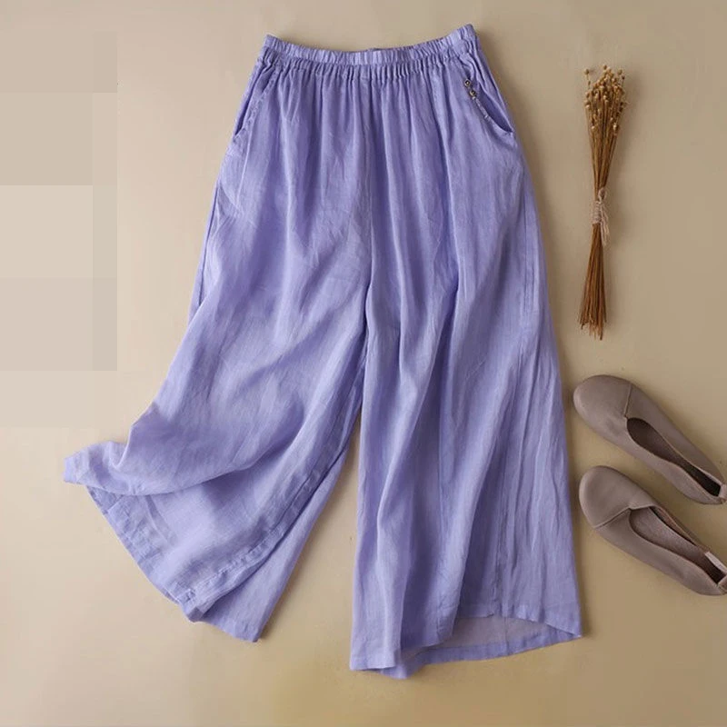Casual literary ramie loose wide-leg pants women's summer new cotton and linen design  nine-point pants women