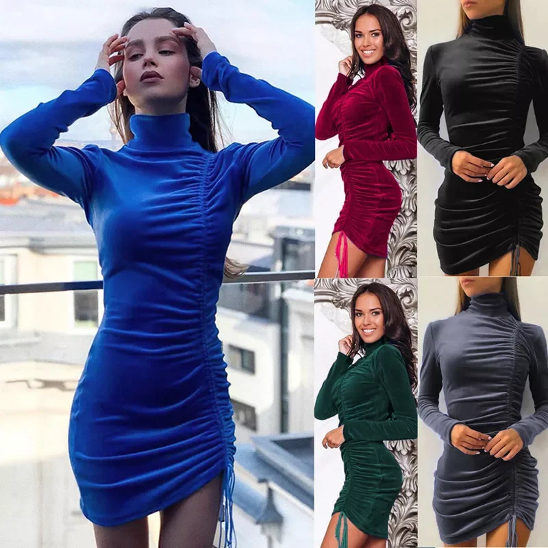 

Womens Sexy Slim Fashion Long-Sleeved Tight-fitting Hip Dress 2021 Party Velvet Mini Dress Elegant Solid High-Neck Dresse