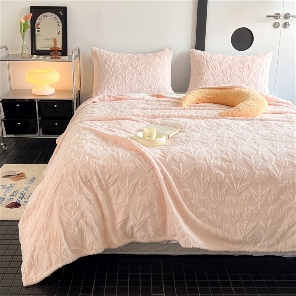 Женское жаккардовое одеяло с розовым тюльпаном мягкое теплое удобное Флисовое