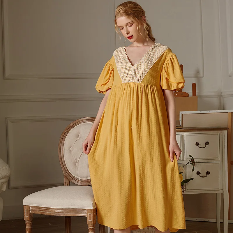 

Summer V-neck 2022 Pullover Retro Classical Beauty Back Ginger Puff Sleeve Nightdress Long Skirt Home Clothes Pajama Dress
