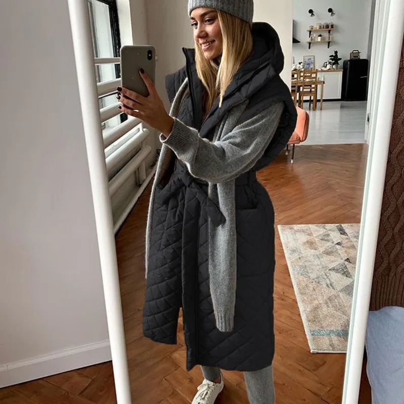 

Женский Длинный жилет с капюшоном, черная безрукавка с хлопковой подкладкой и высокой талией, с узором ромбиками, Осень-зима 2023