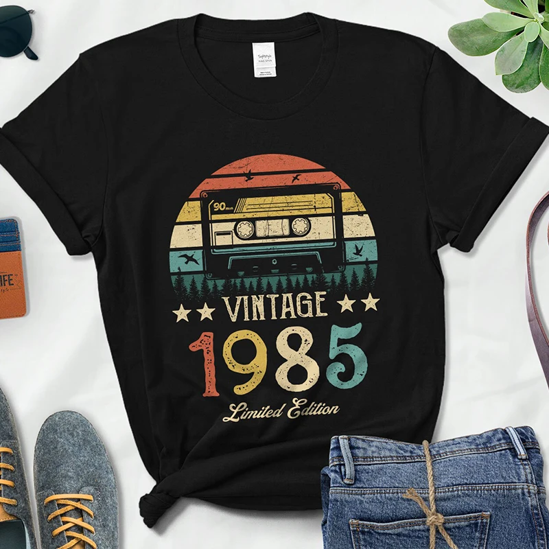 

Vintage 1985 Limited Edition Retro Cassette Women T Shirt 37th 37 Years Old Birthday Party Girlfriend Gift Black T-shirt Femme