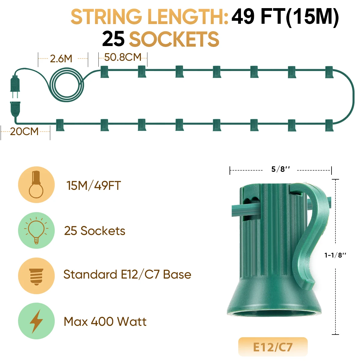

Световая гирлянда Grensk, зеленая, E12/C7, 7.6/10/15/20 м, 10/15/25/48 розеток