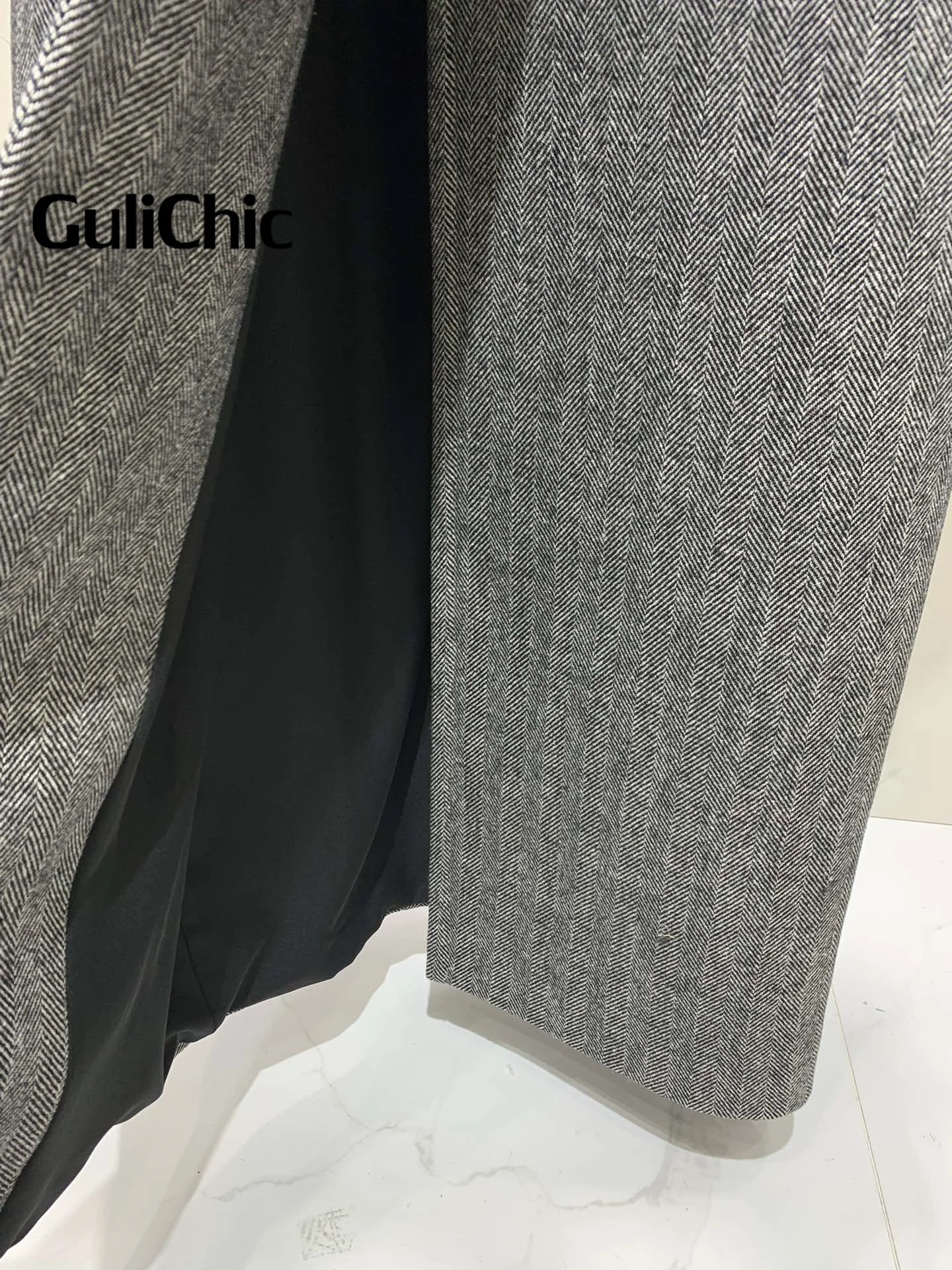 10 26 GuliChic 2024 осенне-зимнее классическое длинное шерстяное пальто с узором елочка