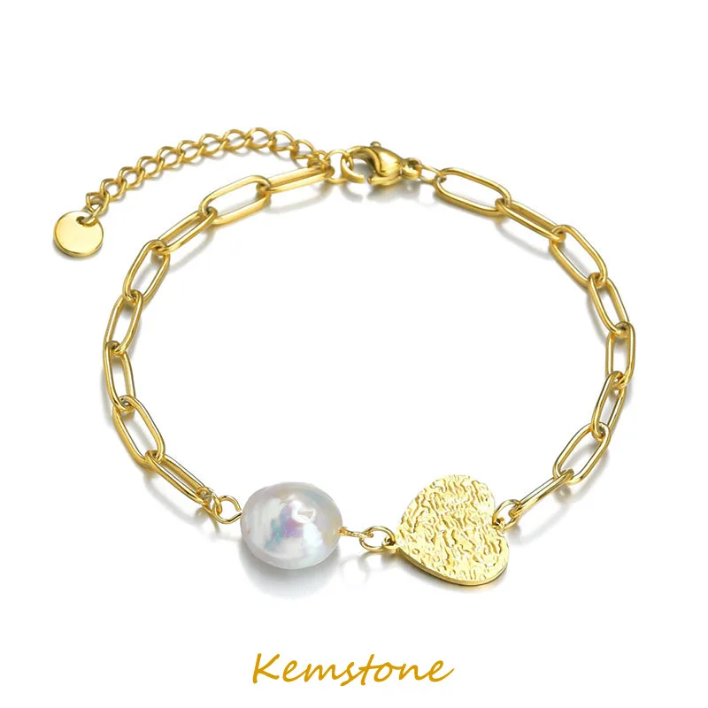 Женский браслет из титановой стали Kemstone с подвеской в виде сердца Жемчужное
