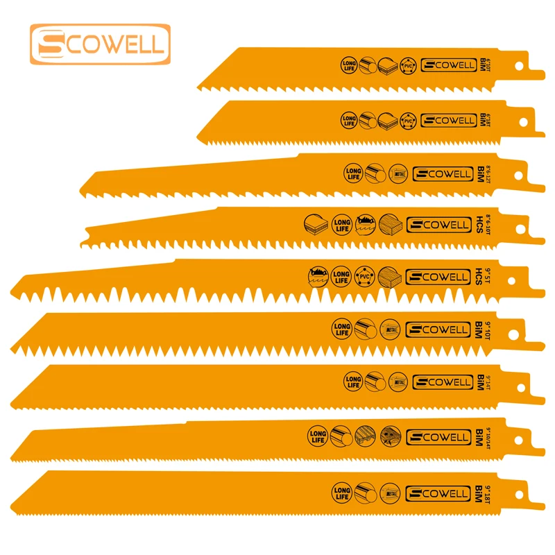 SCOWELL 5 Pack Sbare Saw Blades Wood Cutting Jigsaw Blade 5T/6T/10T/14T/18T HSS Bimetal Demolition Reciprocating Sawing Blade