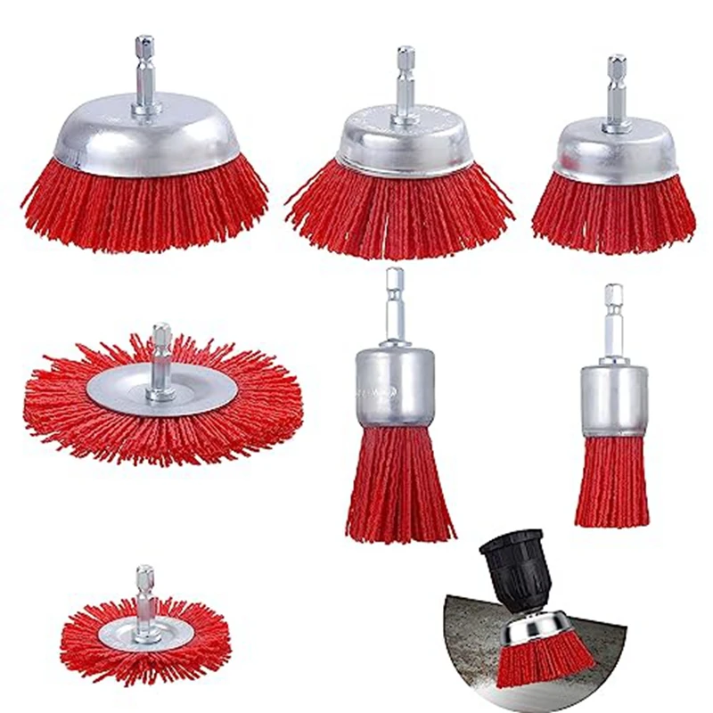 

7 Pack Nylon Filament Abrasive Wire Brush With 1/4 Inch Hex Shank, Nylon Drill Brush Set