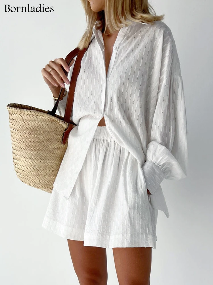 

Bornladies Summer White Elegant Jacquard Fabric Soft Vacation Suits Women Long Sleeves Shirts And Hot Pants Two Pieces Outfits