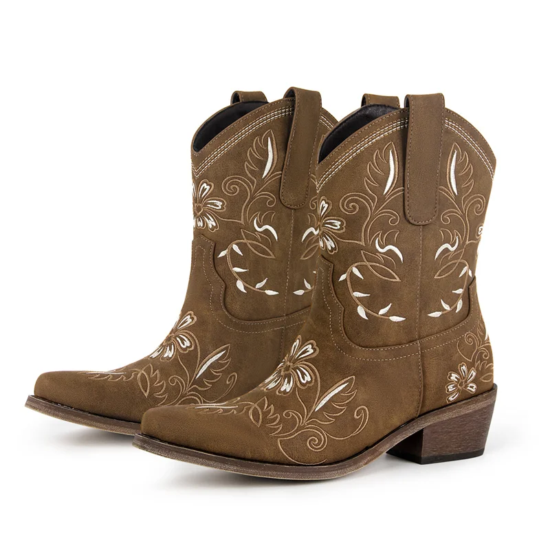 Onlymaker Женские ботинки в стиле вестерн с вышивкой до середины икры ботильоны на