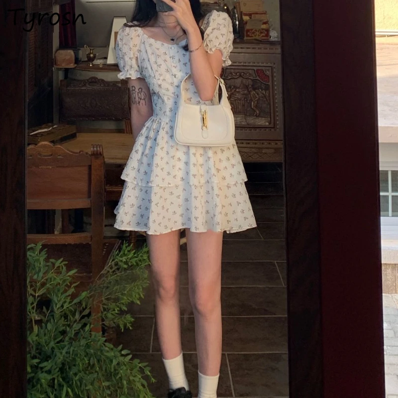 

Mini Dresses Women Folds Simple Fashion Design Floral Lovely Ulzzang Ladies Casual Puff Sleeve Elegant Cozy Summer Vestidos Ins