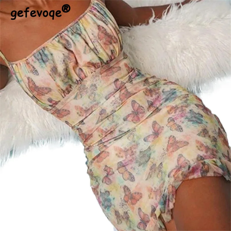 

Ruched Butterfly Print Sexy Backless Bodycon Party Dresses for Women 2022Summer Spaghetti Strap Lace-up Club Mini Dress Sundress
