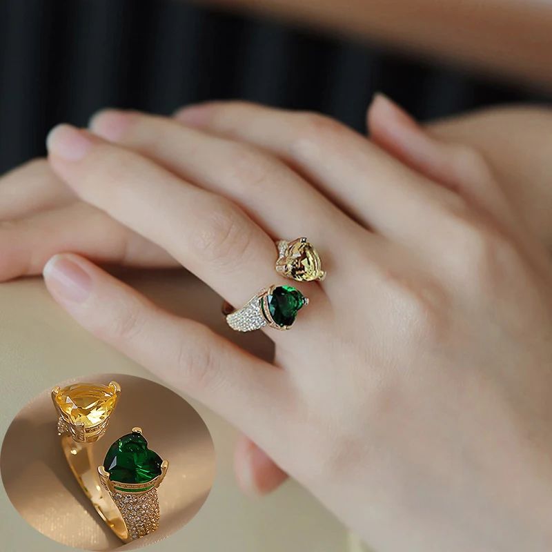 

Green Series Japanese and Korean Style Heart-shaped Ring Zirconia Young Women Jewelry Wear Luxury Crystal Ring Christmas Gift
