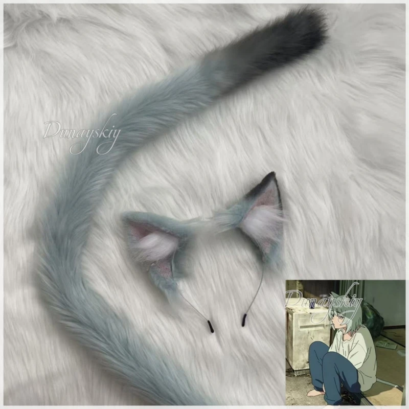 Фото Yani Neko Yani Satō Серые кошачьи ушки и хвост, парик для косплея, пушистая повязка на голову с кошачьими ушками, темно-серые с градиентом, серый кошачий хвост, Хэллоуин №5