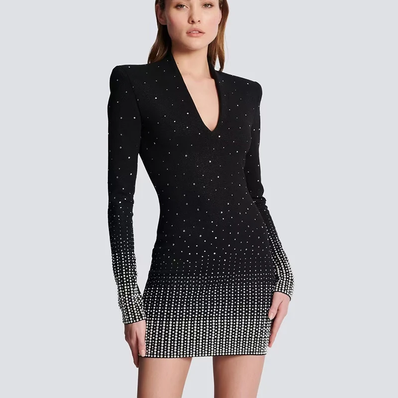 

Heavy duty hot drilling beaded Slim dress 2023 fall new V-neck long-sleeved package hip dress high quality women's dresses Gowns