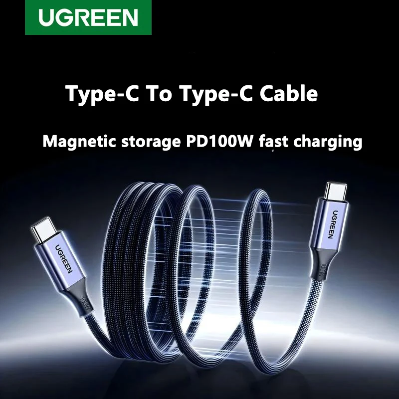 Фото UGREEN Магнитный кабель типа C к типу C 100 Вт PD Быстрая зарядка 5A для Apple iPhone iPad iMacbook USB C Зарядное устройство 1 м Android плетеный №1