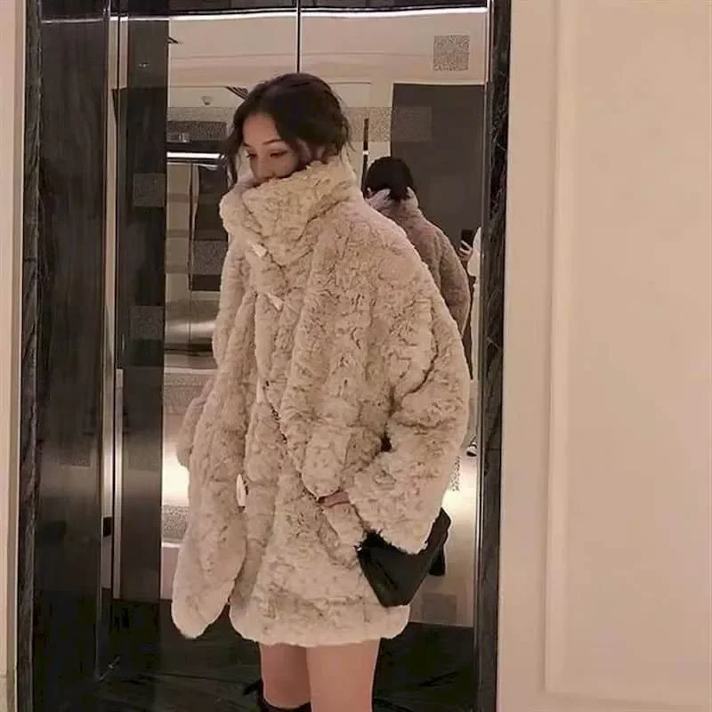 New2022 Velvet Fur Coat 2022 Fall/winter Women Stand-up Collar Midlength Elegant Horn Button Imitation Rex Rabbit Fur Padded Jac
